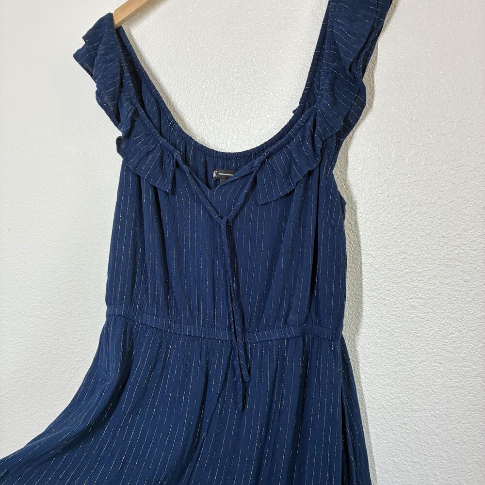 INC International Concepts Dress Womens L Blue Striped Ruffle Strap Maxi Rayon